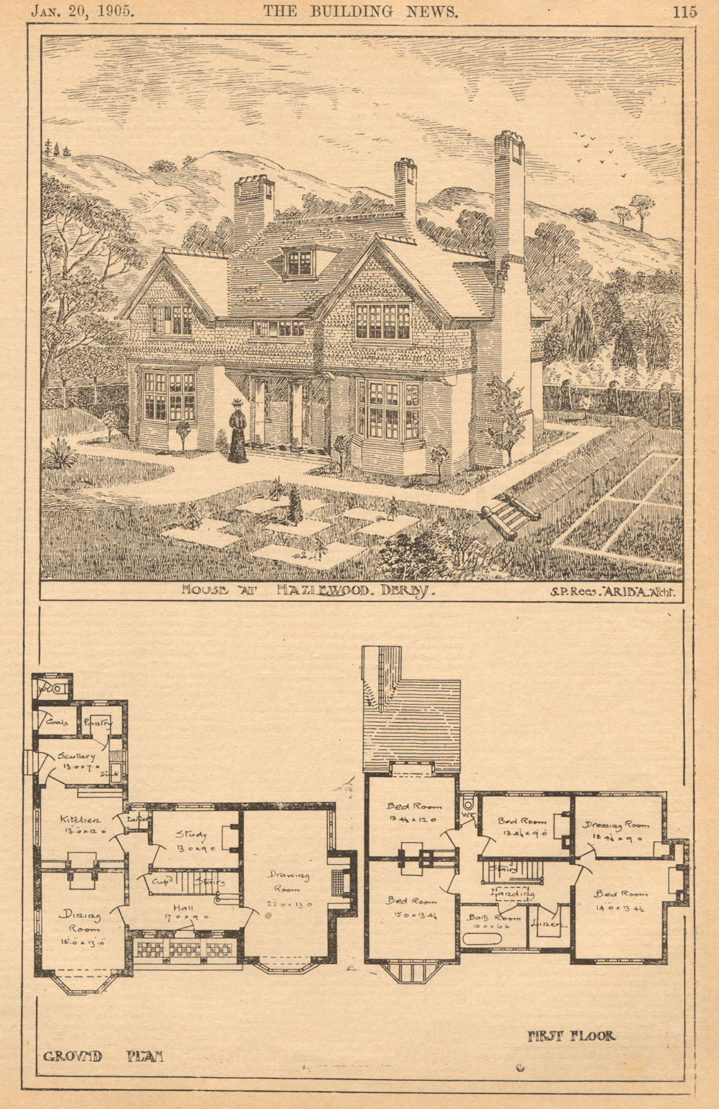 House at Hazlewood, Derby, S.P. Rees A.R.I.B.A., Archt. Plans. Derbyshire 1905
